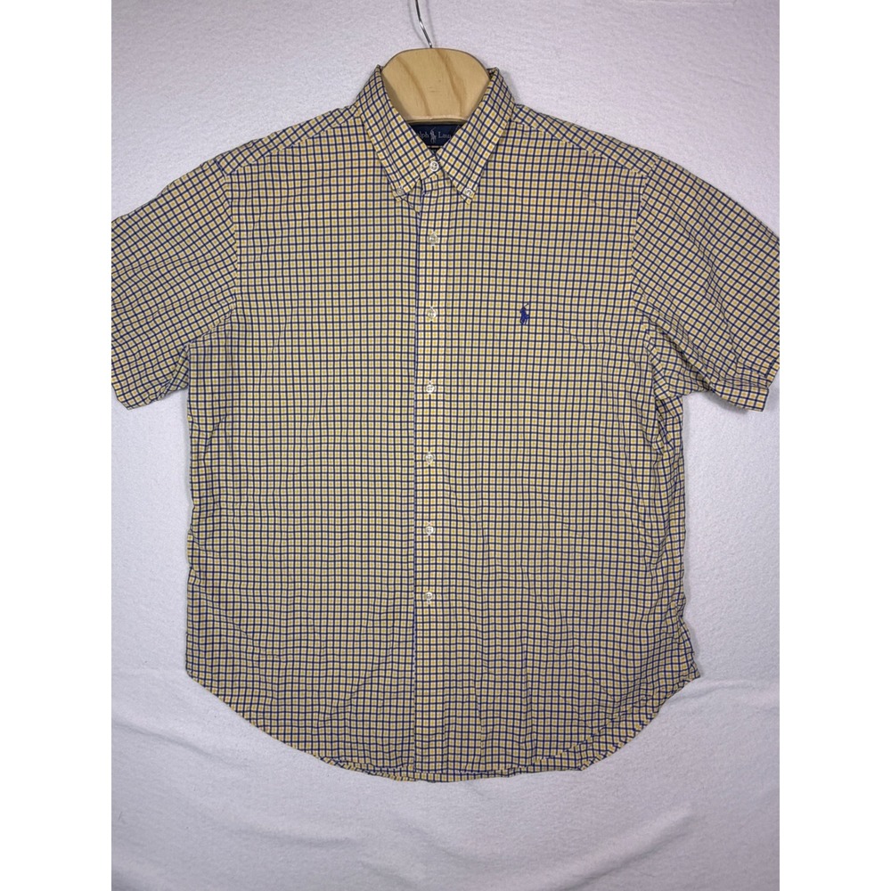 Polo Ralph Lauren Button Down Shirt Mens XL Yellow Blue Check Short Sleeve Pony